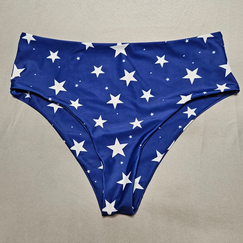 SHEIN Swim Bottom Womens Medium Blue Star Print High Waisted Patriotic Celestial